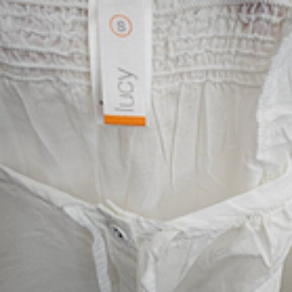 LUCY Button Up Semi Sheer Blouse Drawstring Neck size S - Picture 2 of 4